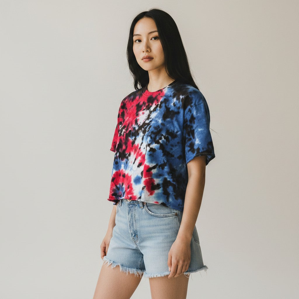 Crop Top Red, White & Blue Galaxy Tie Dye T-shirt